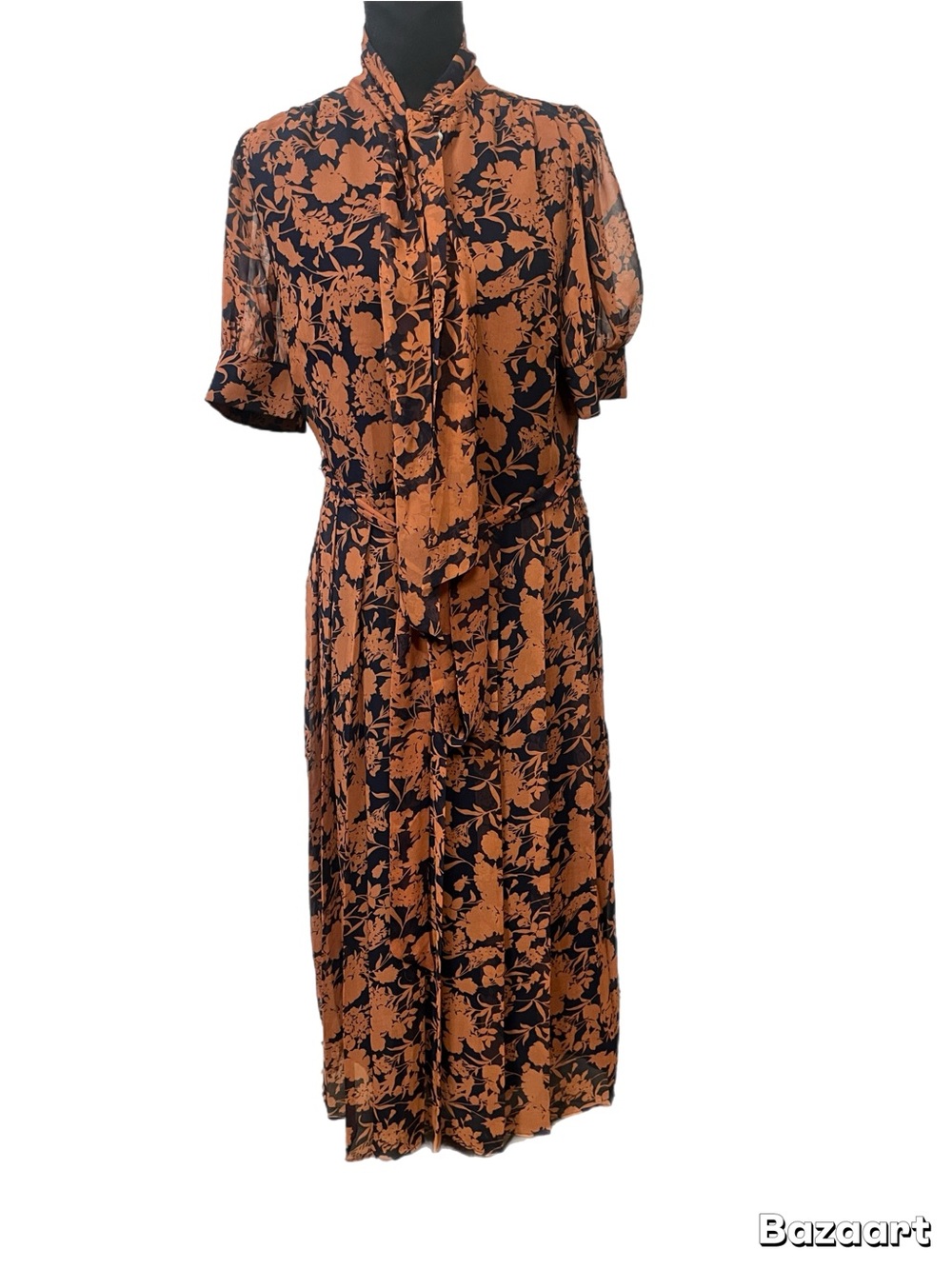 NWT 1901 Navy Blue and Rust Floral Tie-Neck Midi Dress